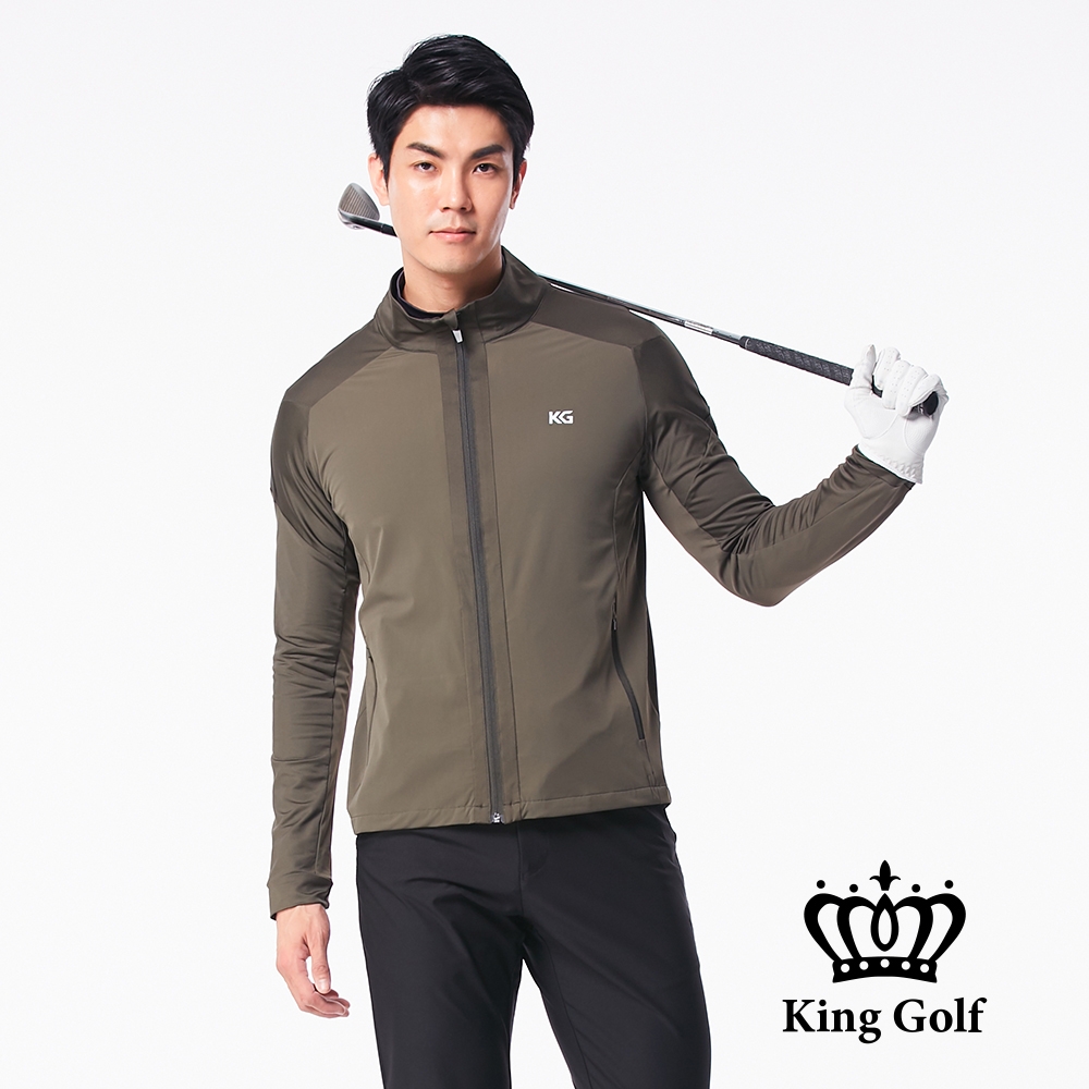 【KING GOLF】男款KG印圖防風防水拉鍊素面長袖夾克外套-軍綠色