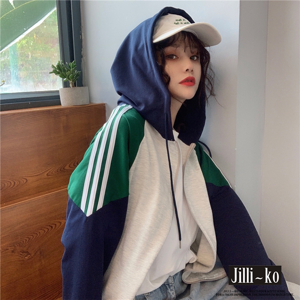 JILLI-KO 運動風拚色連帽拉鍊外套- 藍色