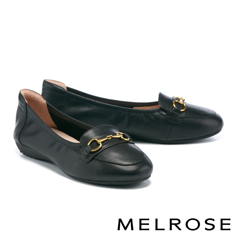 低跟鞋 MELROSE 金屬織帶馬銜釦全真皮楔型低跟鞋－黑