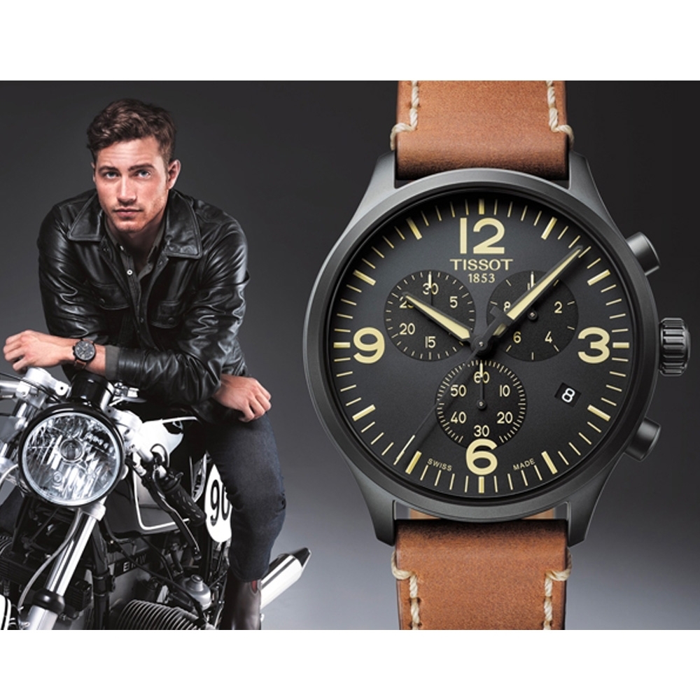 TISSOT 天梭 官方授權韻馳系列 Chrono XL 計時時尚腕錶(T1166173605700)黑x咖啡/45mm