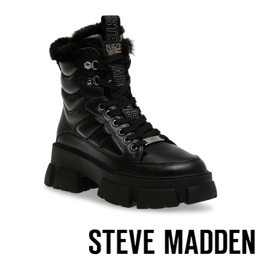 STEVE MADDEN-TRIGGERS 絨毛厚底拼接綁帶休閒靴-黑色
