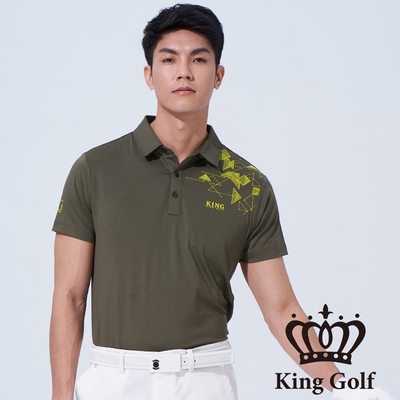 【KING GOLF】男款數位三角幾何開襟POLO衫/高爾夫球衫-軍綠