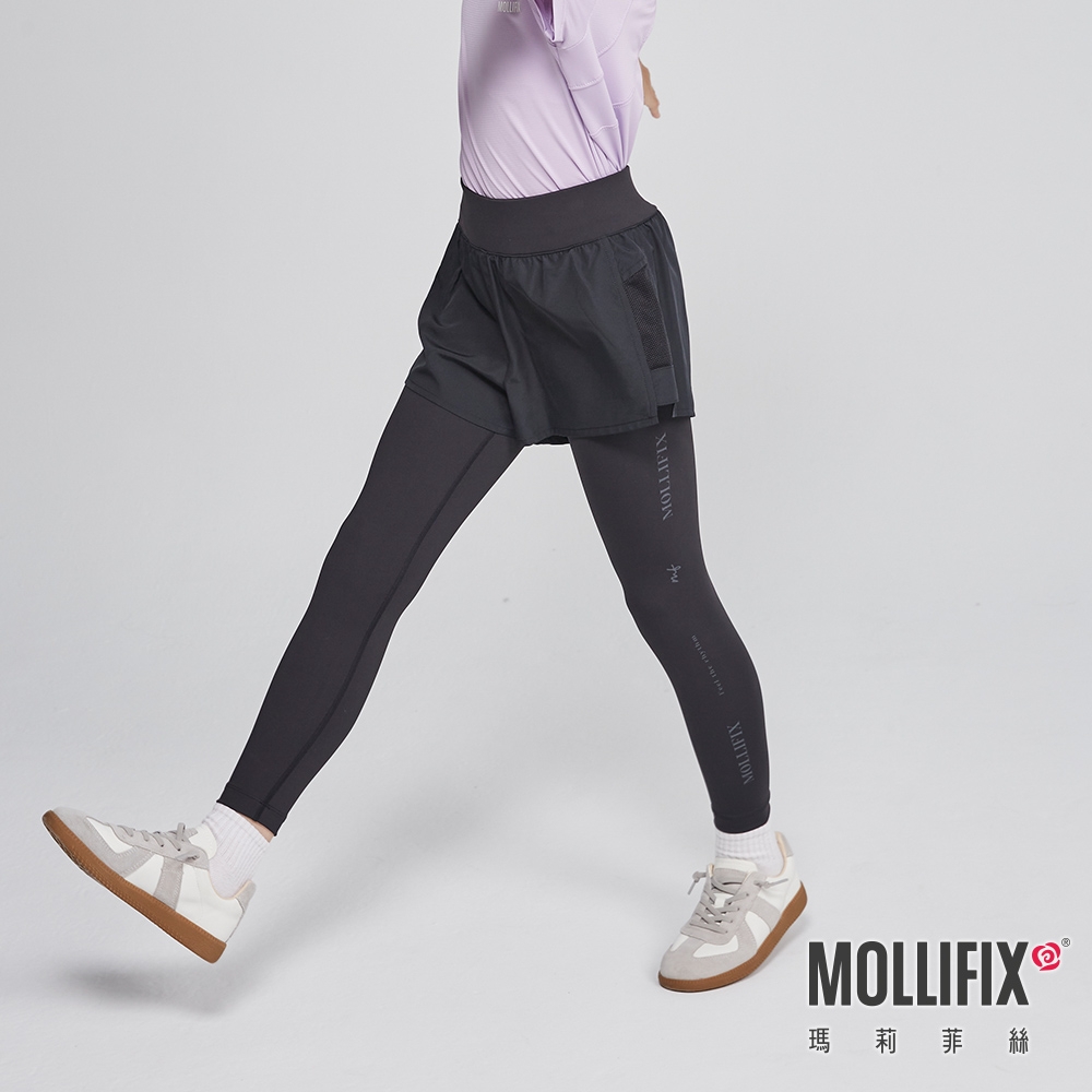 Mollifix 瑪莉菲絲 拼網透氣雙層訓練褲_KIDS (黑)、瑜珈服、Legging、暢貨出清