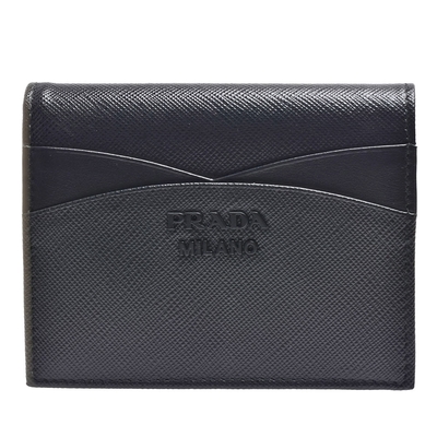 PRADA SAFFIANO WAVES黑色金屬LOGO防刮牛皮暗釦短夾(黑色)