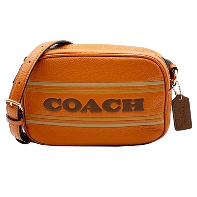 COACH 字母LOGO素面牛皮斜背小相機包(橘)