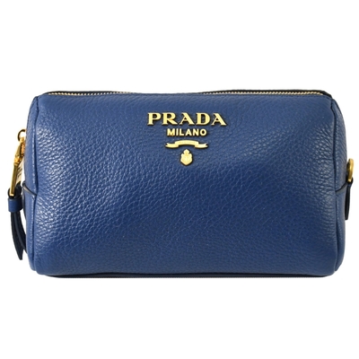 PRADA 金屬LOGO荔枝牛皮拉鍊萬用包/化妝包(藍)