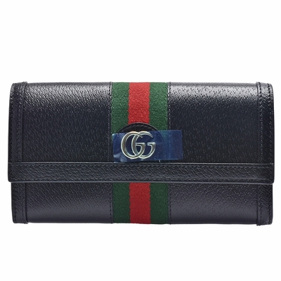 GUCCI 古馳 經典Ophidia GG LOGO綠紅綠織布牛皮長夾(黑色)