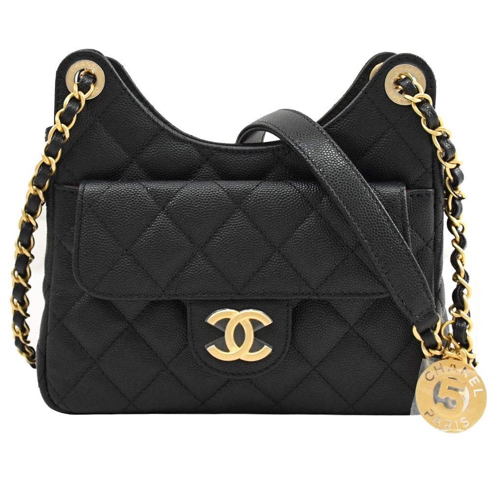 CHANEL Hobo Bag 經典雙C LOGO小牛皮金練斜背包/小號流浪包(黑/金)