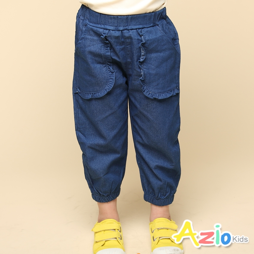 Azio Kids 女童 長褲 荷葉邊大口袋鬆緊縮口休閒牛仔褲(藍)
