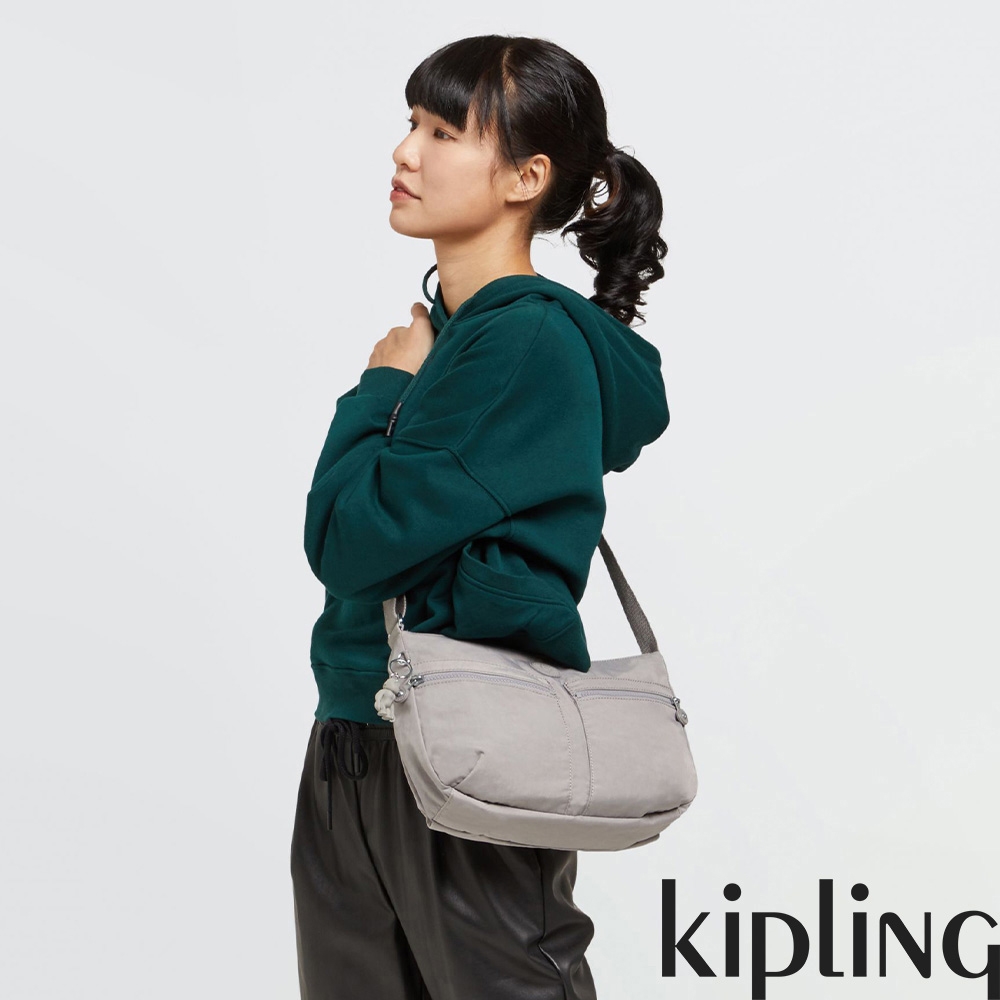 Kipling 質感迷霧灰雙拉鍊前袋肩背包-IZELLAH