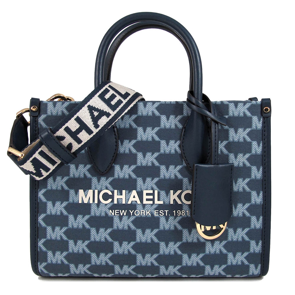 MICHAEL KORS Mirella 品牌大標緹花滿版MK織紋寬帶兩用包(海軍藍色)