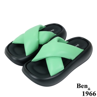 Ben&1966高級柔軟綿羊皮交叉帶厚底涼拖鞋-果綠(236512)