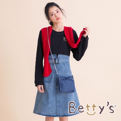 betty’s貝蒂思 圓領棉T拼接牛仔洋裝(黑色)