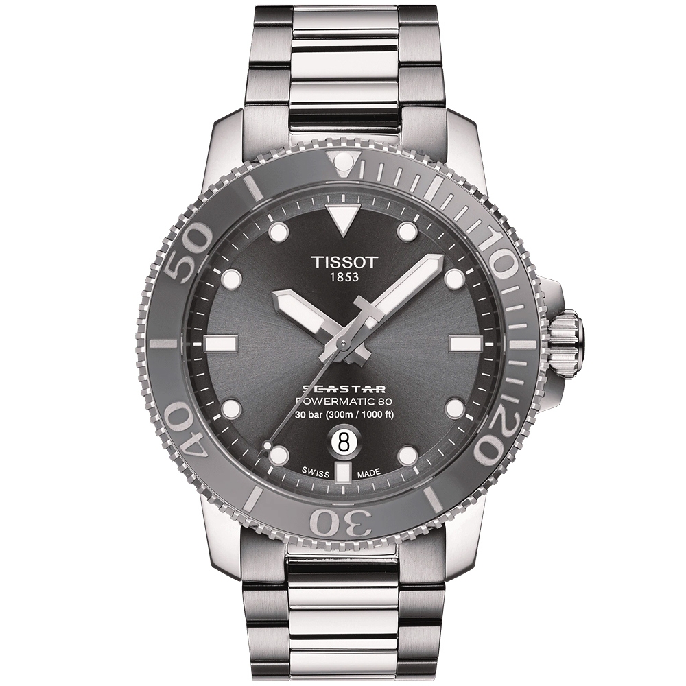 TISSOT 天梭 官方授權 Seastar 1000 海洋之星300米潛水機械錶 迎春好禮-灰/43mm T1204071108101