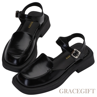 【Grace Gift】大方頭繫踝休閒樂福鞋 黑漆