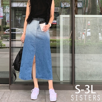 SISTERS 長比例的漸層刷色彈力牛仔裙 長裙/S-3L