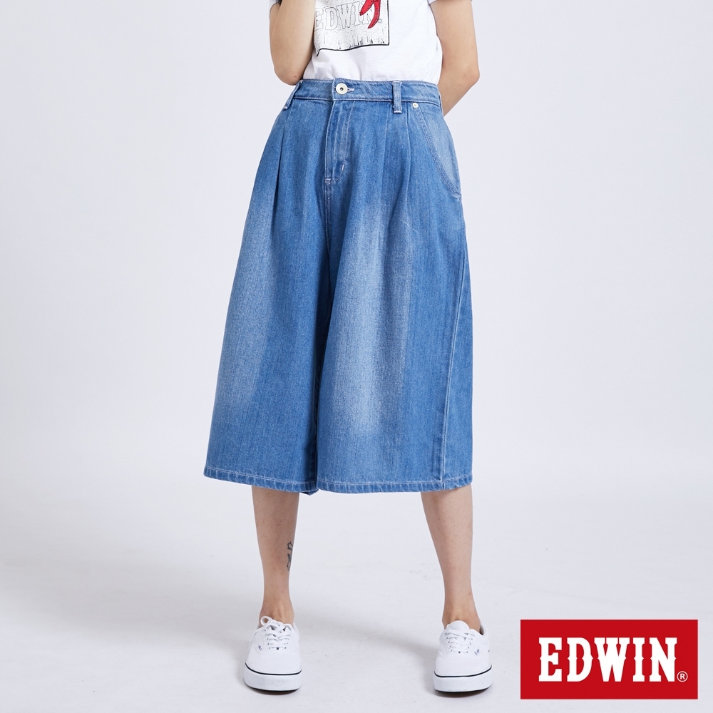 EDWIN MISS 503 休閒舒適 打摺牛仔寬褲-女-石洗藍