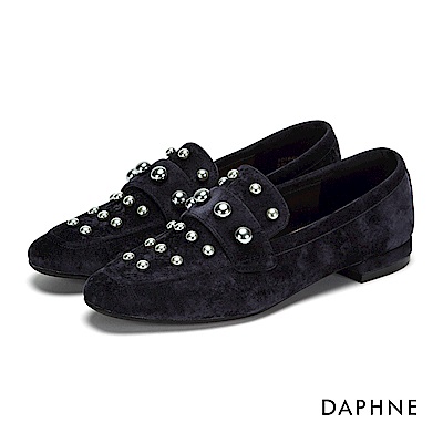 達芙妮DAPHNE 平底鞋-珠飾短絨低跟樂福平底鞋-深藍