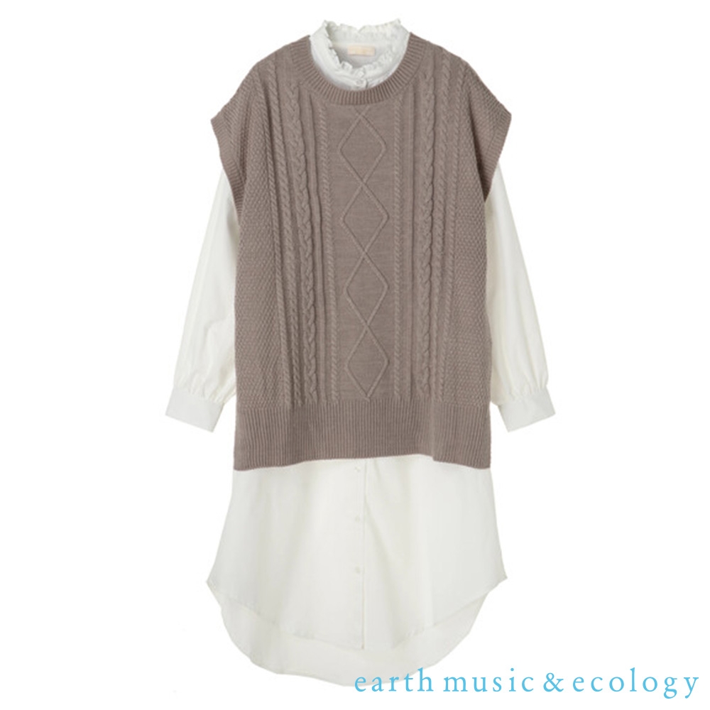 earth music 【SET ITEM】菱格紋麻花編織背心+襯衫式洋裝