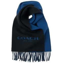 COACH 經典字母LOGO素面羊毛流蘇圍巾(黑/深藍)