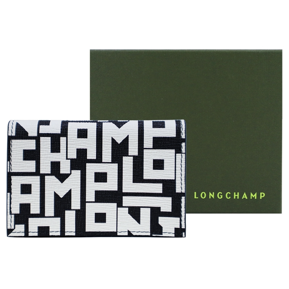 LONGCHAMP LE PLIAGE LGP系列滿版牛皮口袋三折翻蓋短夾(黑X白)