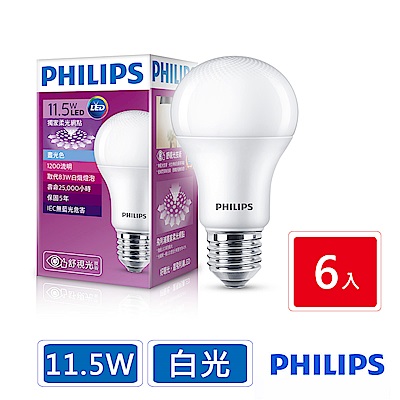 飛利浦 PHILIPS 第7代 舒視光 11.5W LED燈泡-白光6入組