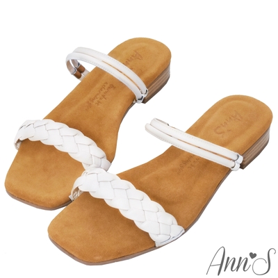 (季末換季出清)Ann’S水洗牛皮-前編織帶兩穿木紋跟方頭涼鞋-白
