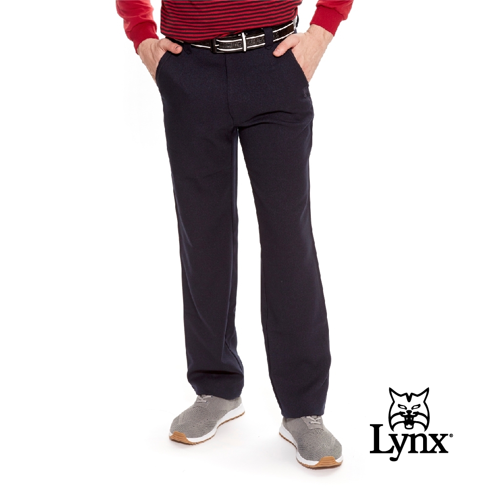 【Lynx Golf】男款日本進口布料素面平口休閒長褲-深藍色