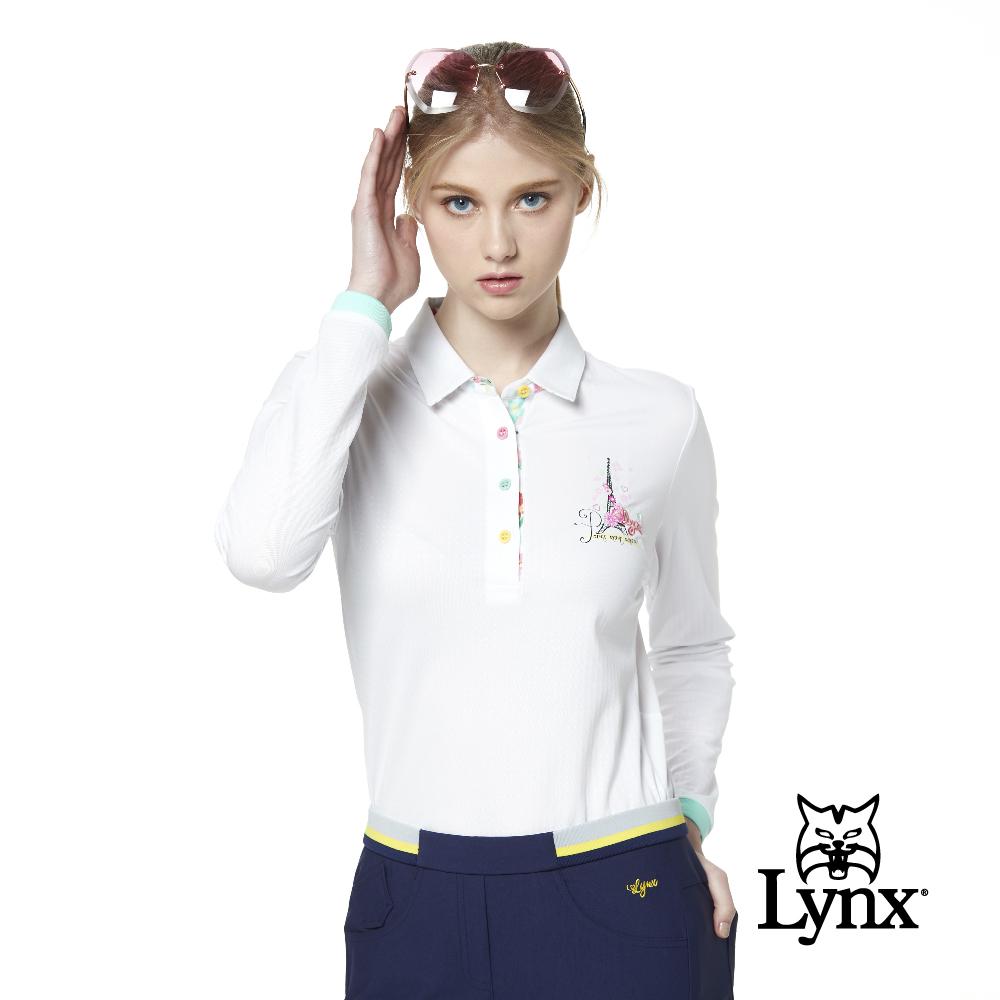 【Lynx Golf】女款吸濕排汗壓光冰涼紗彩色鈕扣長袖立領POLO衫-白色