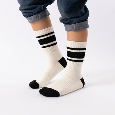 【WARX除臭襪】經典條紋中筒童襪-米白配黑條