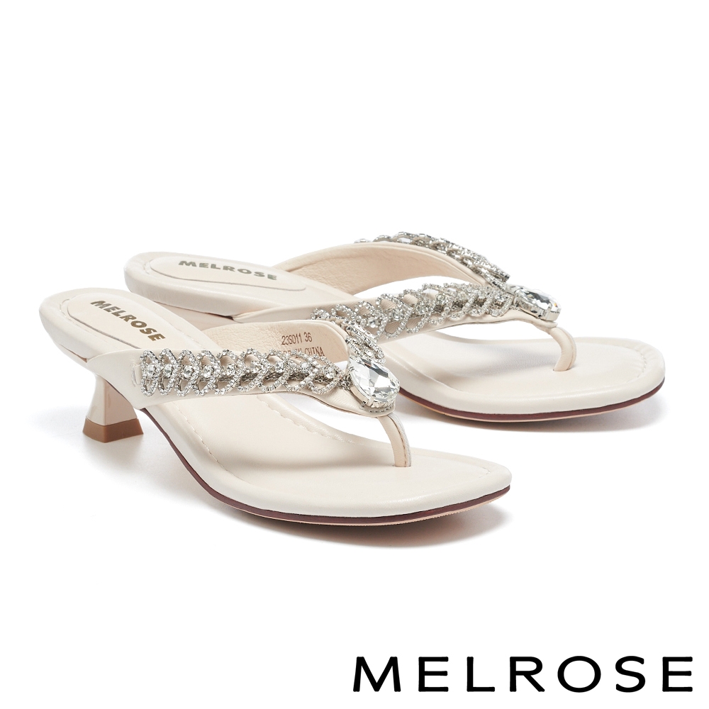 拖鞋 MELROSE 質感時髦水鑽鏈條方頭高跟夾腳拖鞋－米