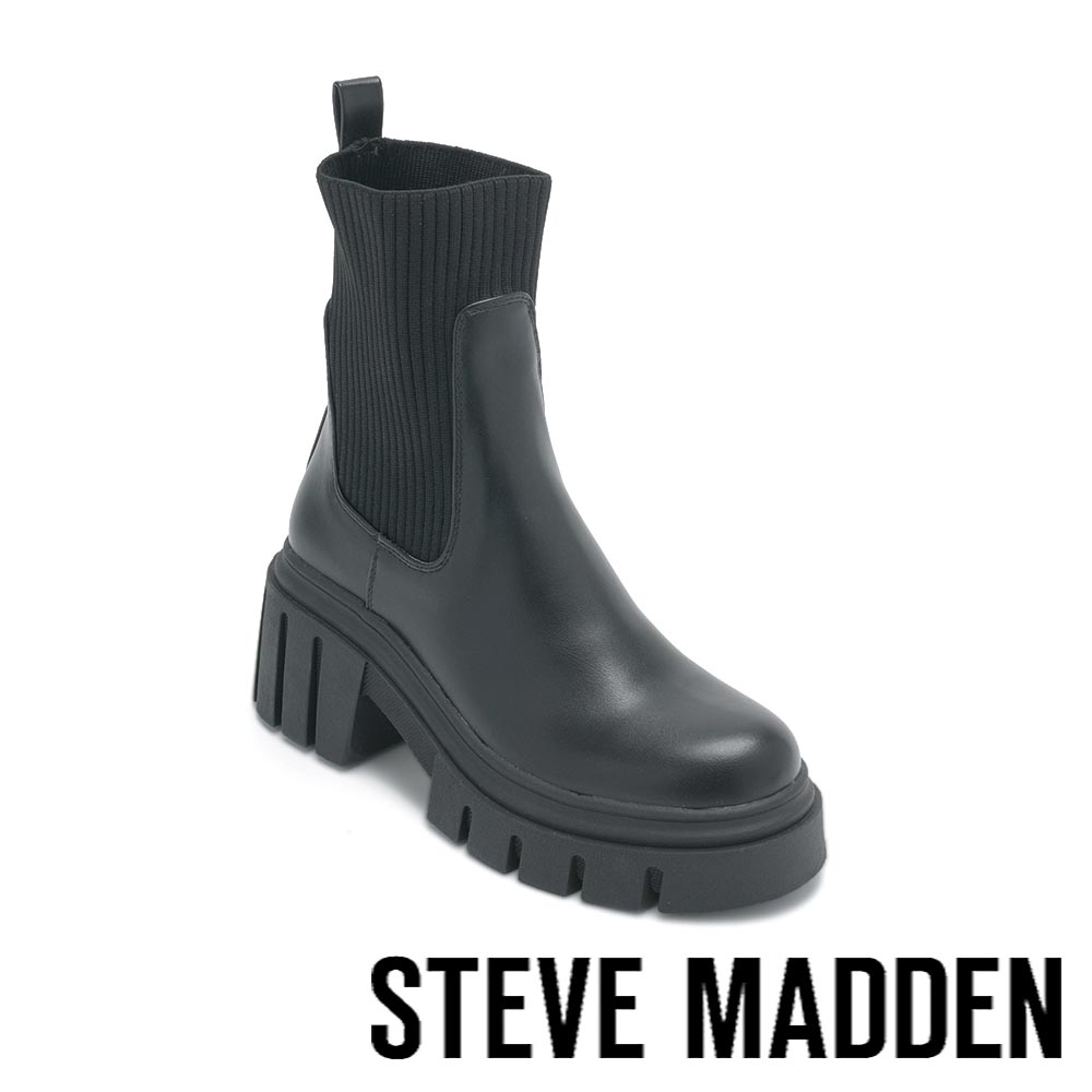 STEVE MADDEN-SELECTION 拼接織布襪套厚底短靴-黑色