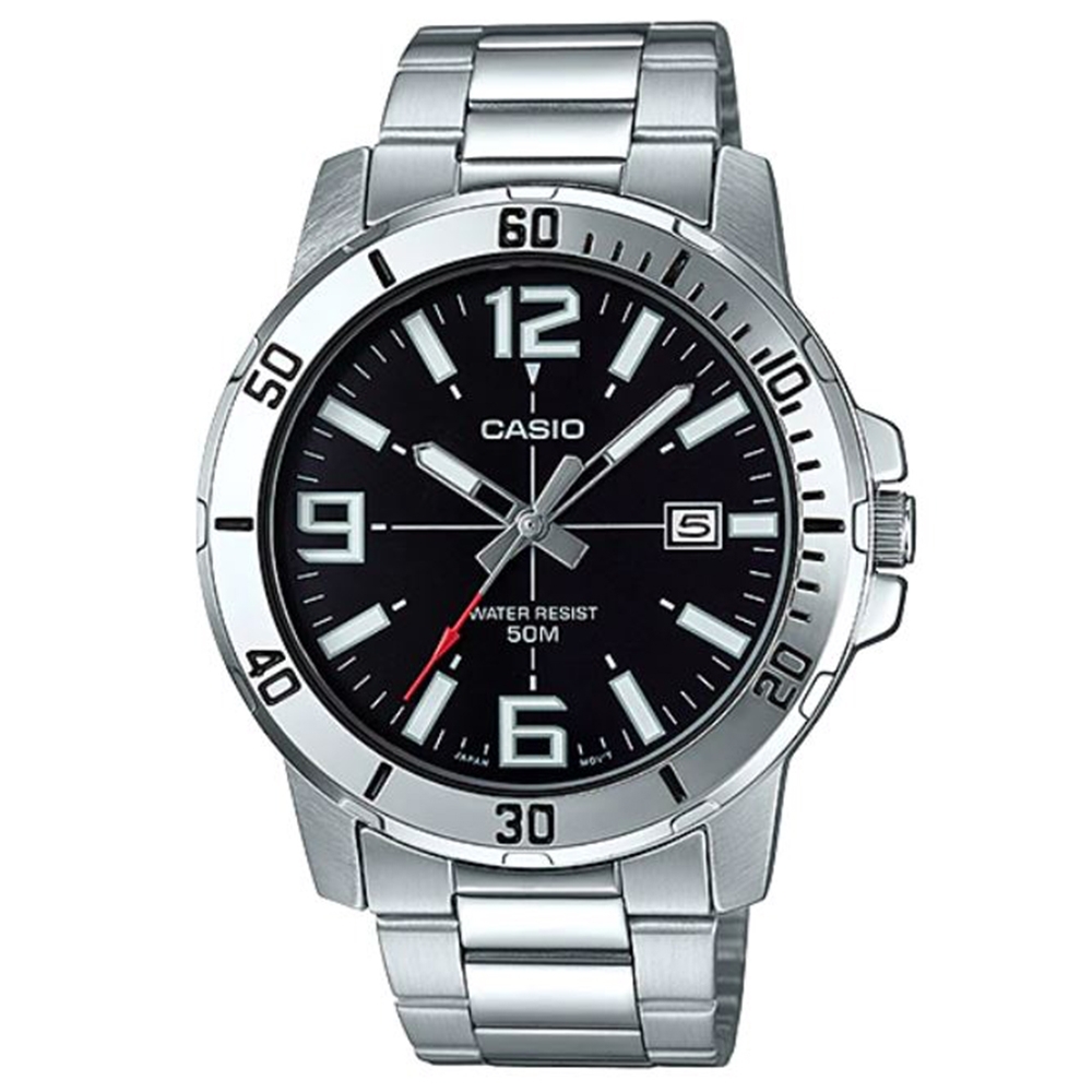CASIO 簡約時刻潛水風格指針不鏽鋼錶-(MTP-VD01D-1B)-黑/45mm