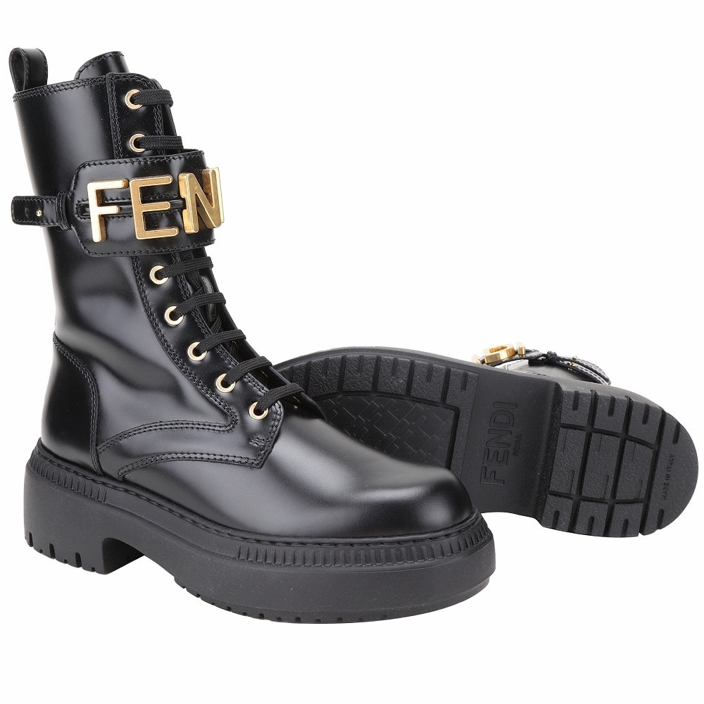 FENDI Fendigraphy 小牛皮繫帶軍靴機車靴(女款/黑色) | 精品服飾/鞋子 