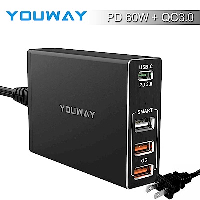 YOUWAY PD60W+雙QC3.0 桌面型四孔快速充電器