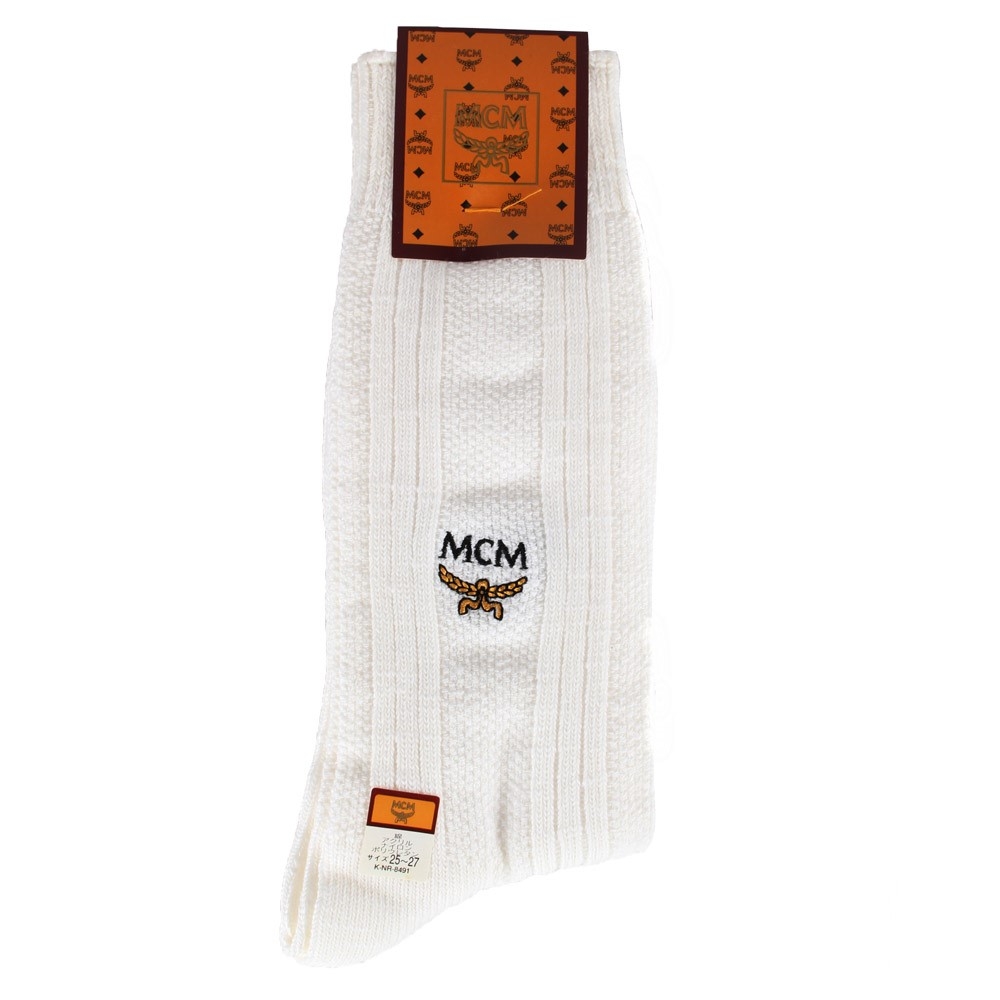 MCM 直條紋LOGO刺繡紳士襪-白色
