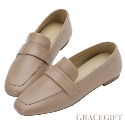 【Grace Gift】百搭達人素面方頭樂福鞋 灰褐