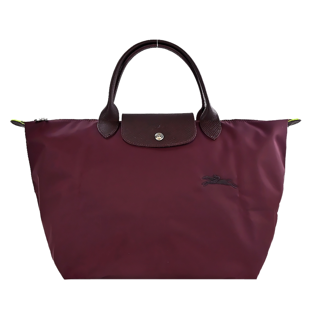 LONGCHAMP LE PLIAGE GREEN系列刺繡短把再生尼龍摺疊水餃包(中/酒紅)