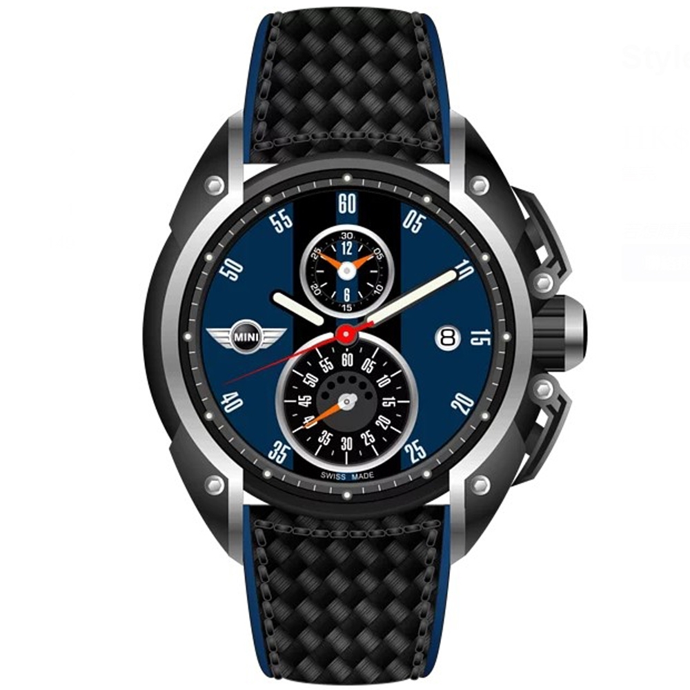 MINI Swiss Watches 石英錶 45mm 藍底黑條兩眼計時 黑色真皮錶帶
