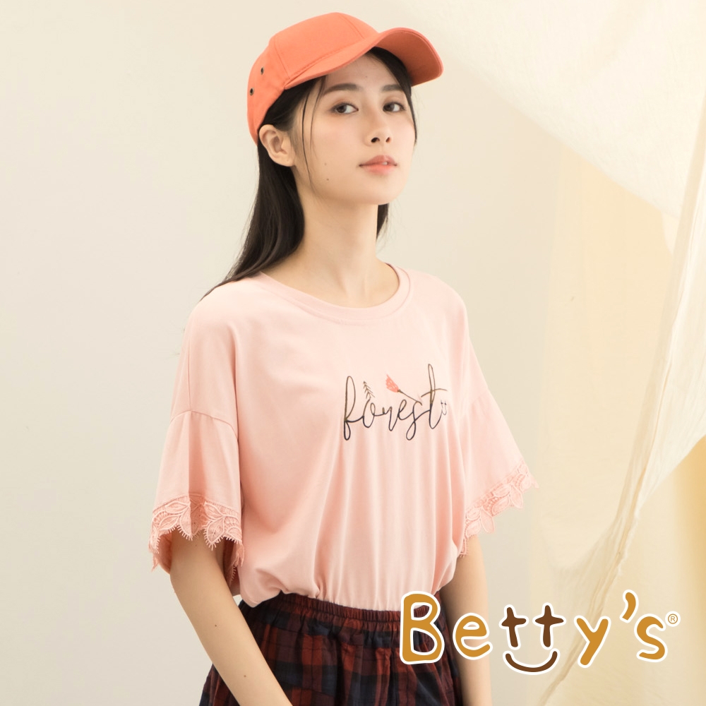 betty’s貝蒂思　繡花蕾絲袖落肩 T-shirt(淺粉)