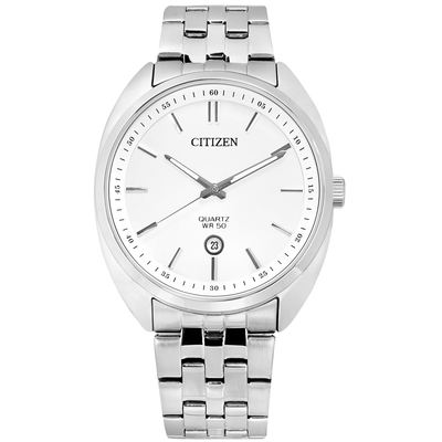 CITIZEN 簡約時尚 礦石強化玻璃 日期 不鏽鋼手錶-白色/42mm