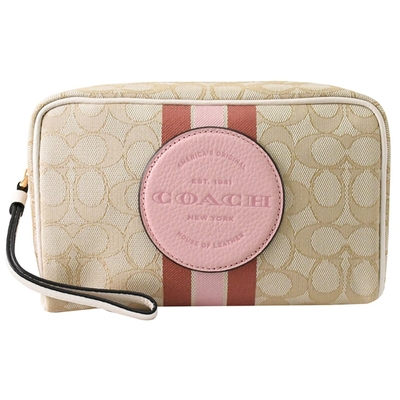 COACH 烙印圓標LOGO滿版C字織布萬用包/化妝包(卡其/粉-全新福利品)