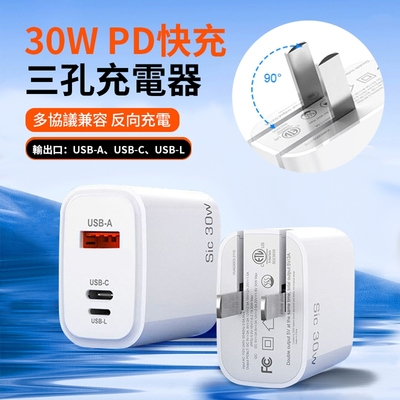 Sic 30W PD快充三孔充電器 蘋果支援反向充電頭  iPhone15旅充豆腐頭