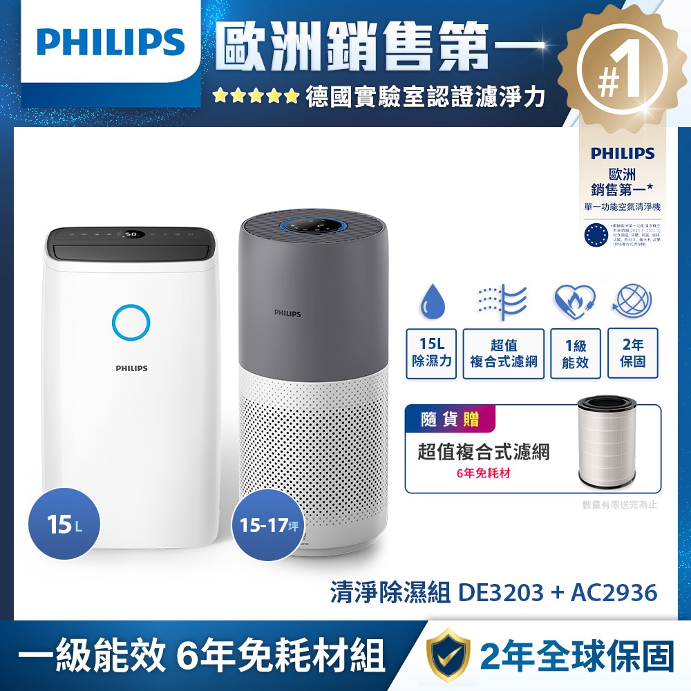 飛利浦 PHILIPS 清淨除濕組 AC2936+DE3203 贈FY2180