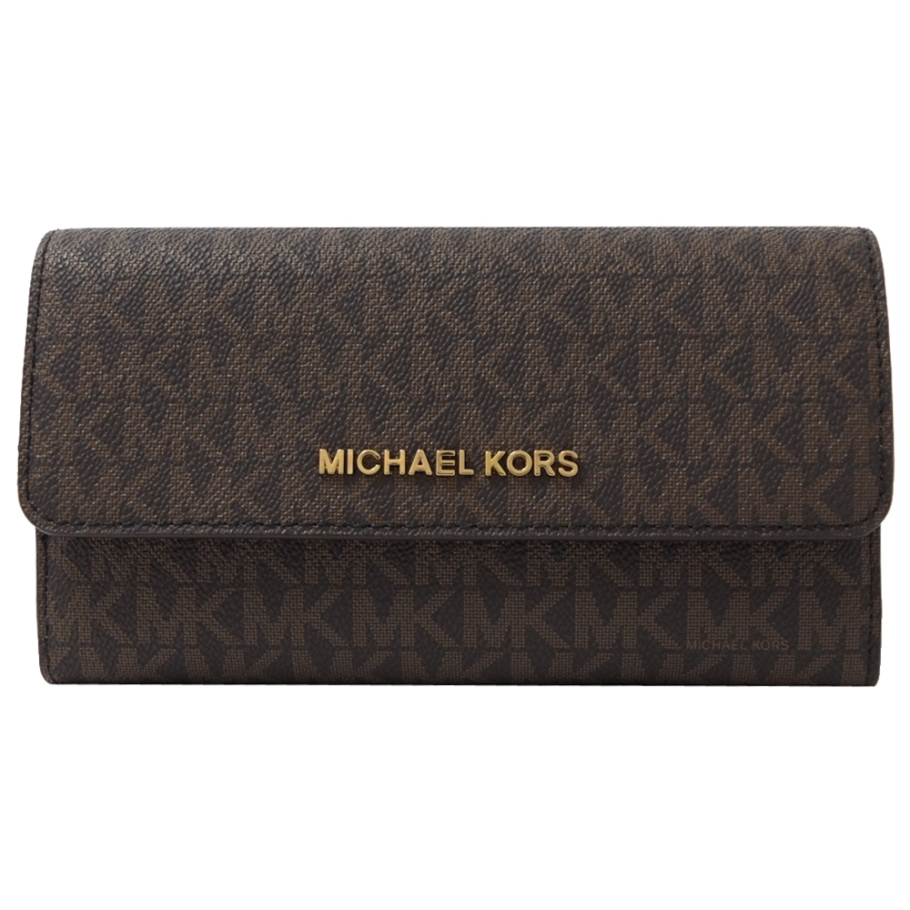 MICHAEL KORS Jet Set金屬LOGO PVC三折長夾(深咖)