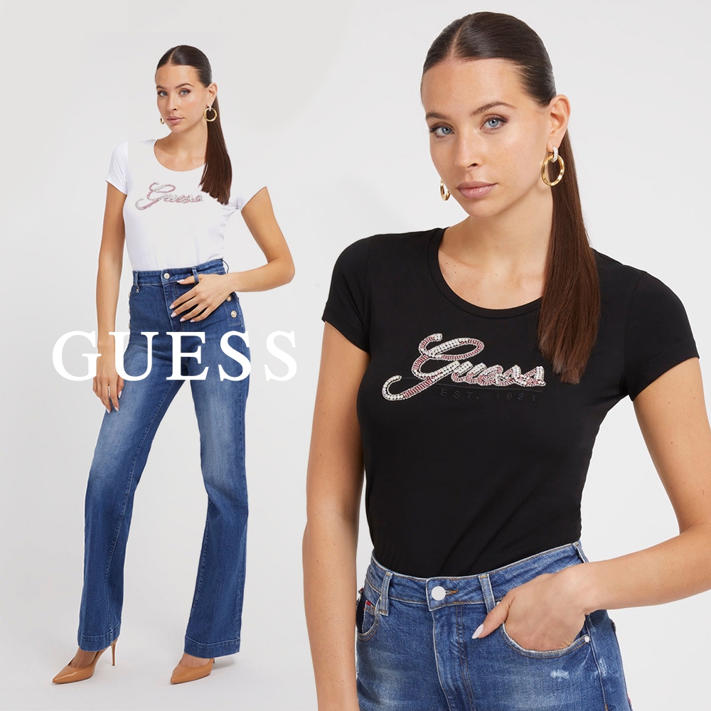 【GUESS】性感貼身水鑽LOGO短T-兩色可選