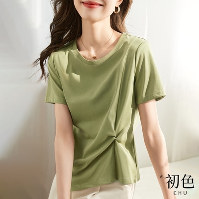 初色 圓領素色腰部褶皺設計T恤上衣-綠色-67104(M-2XL可選)