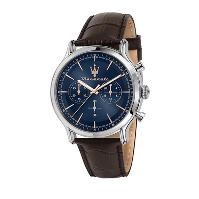 MASERATI TIME 瑪莎拉蒂 Epoca系列 藍色錶面棕色皮革經典款男腕錶 R8871618014