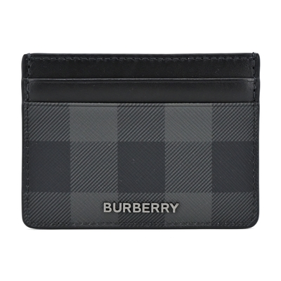 BURBERRY經典銀字LOGO格紋拼皮革卡片夾(炭灰色)