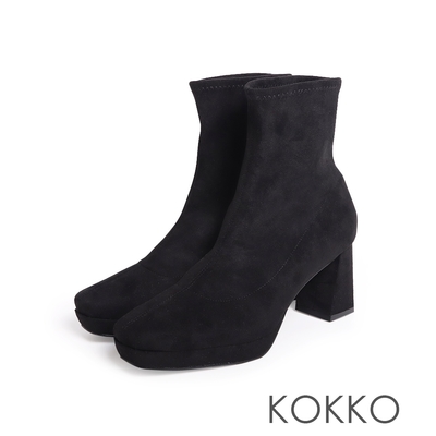 KOKKO增高再增高氣勢滿分方頭粗跟短靴麂皮黑